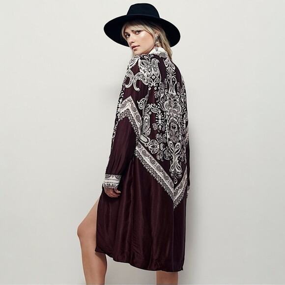 Free People Sweaters - Free People Brown Bandana Printed Longline Satin Topper Cardigan